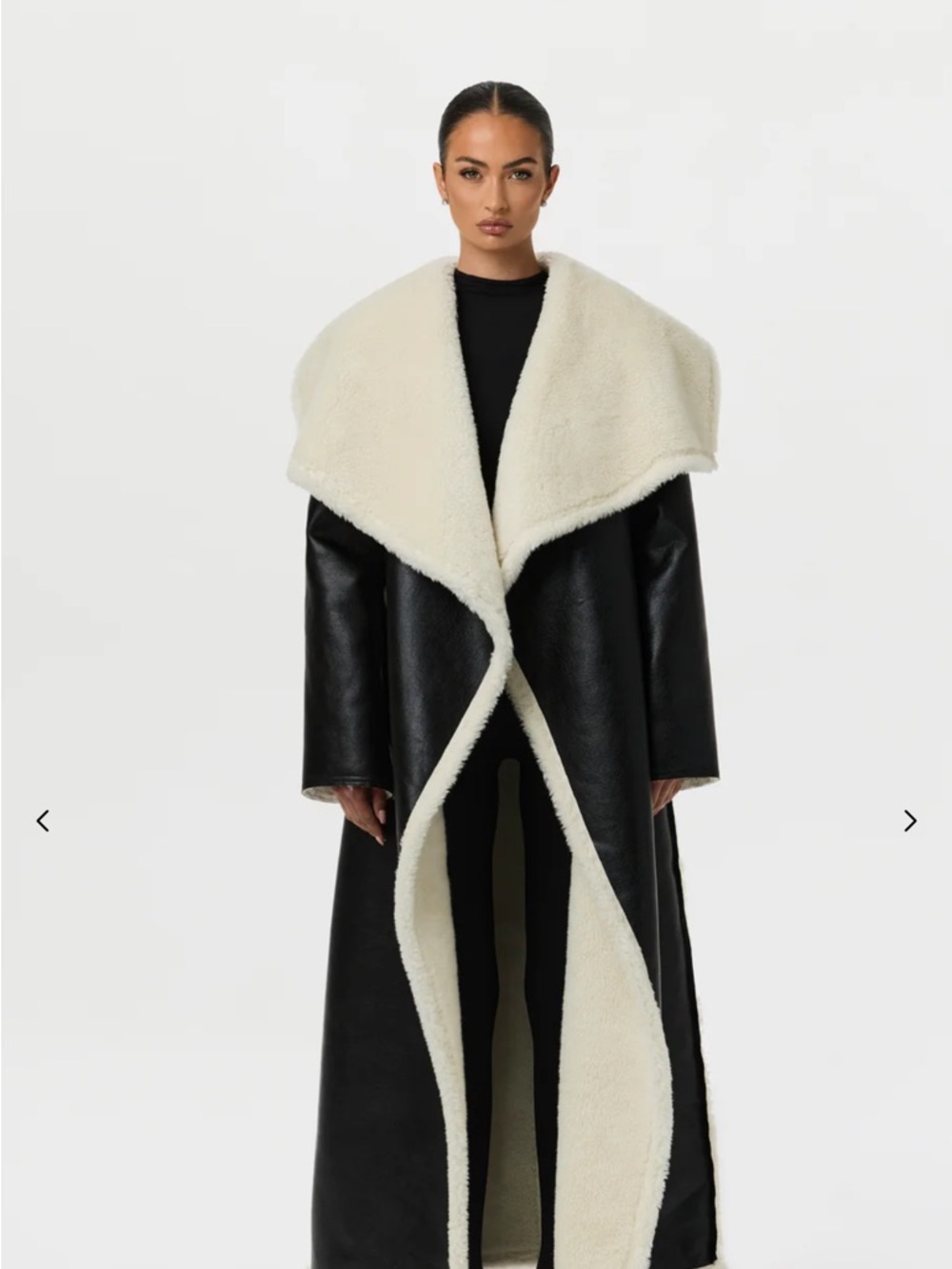 Women's Long Shearling Coat with Ivory Collar - Black
